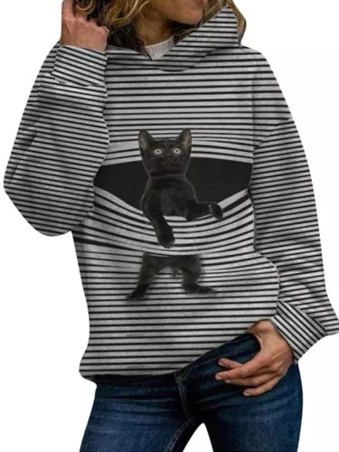 Women Autumn Stripe Cat Printed Long Sleeve Warm Loose Hoodies Tops
