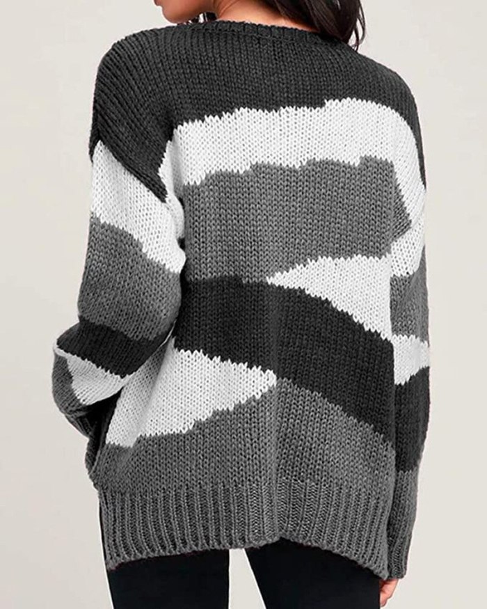 Women's Loose Knit Sweater Irregular Stripes Color Block Pullover