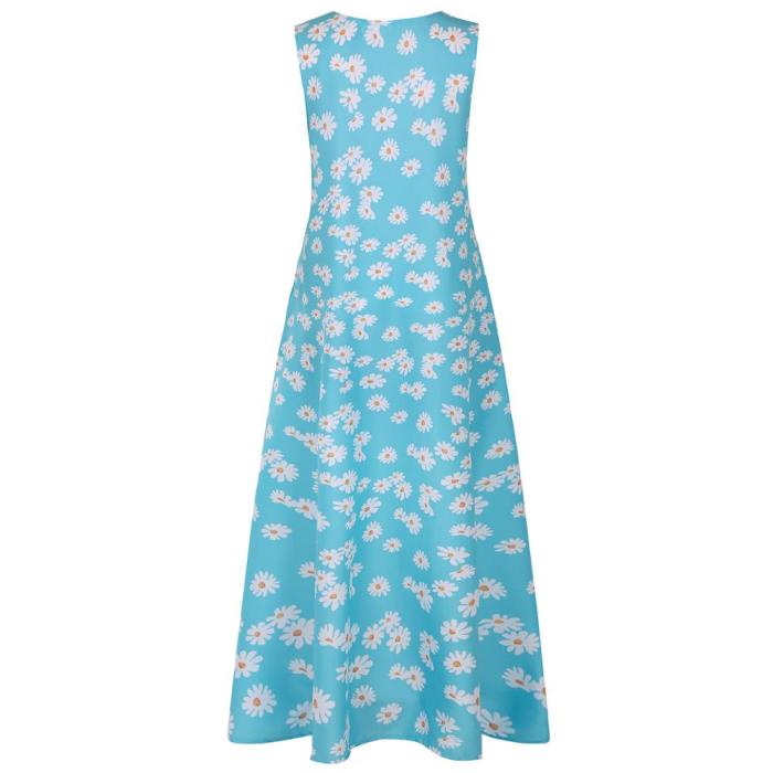 Women Summer Casual Linen Loose Sleeveless printed Long Maxi Dress
