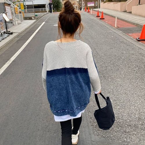 Casual Women Patchwork Sweater Tops Straight Knitted Denim Jumper Sweater