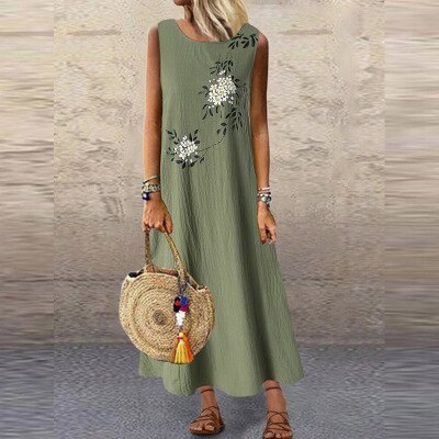 Women Summer Casual Linen Loose Sleeveless printed Long Maxi Dress