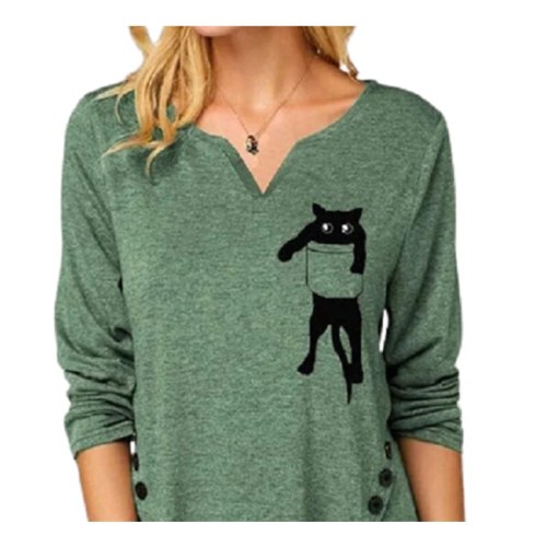 Women Lovely Pocket Cat Printing Long Sleeve V-Neck Casual Button Top