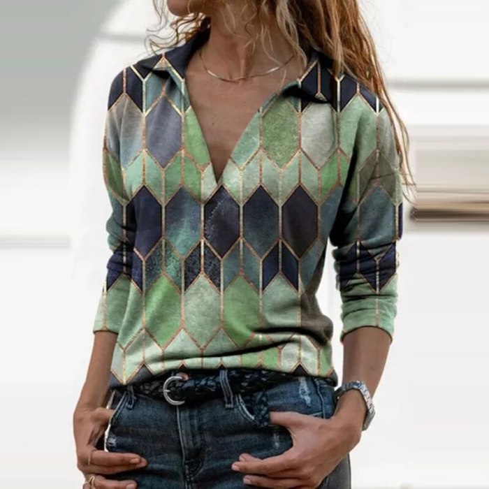 Autumn Geometric Print V Neck Casual Long Sleeves Zipper Female Tops