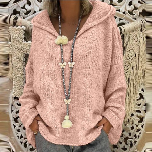 Women Fashion Loose Large Size Solid Color Hood Long Sleeves Sweater Tops