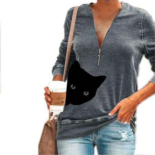 Women Cartoon Cat Print V-Neck Sexy Long Sleeved Tops
