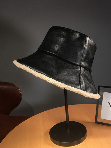 Winter Black Pu Leather Fisherman Hat Vintage Lamb Wool Warm Hat