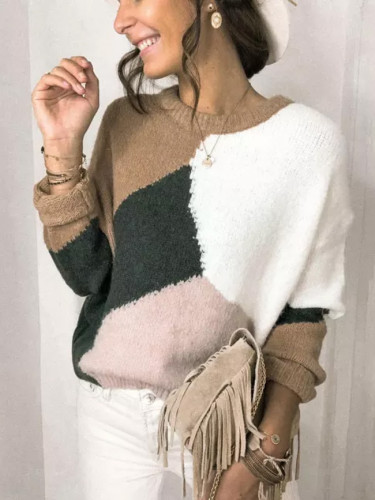 Fashion Women O-Neck Long Sleeve Print Patchwork Knitted Warm Sweater