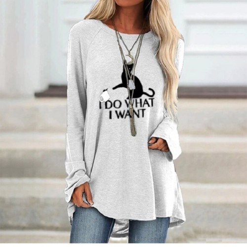 Autumn Women Casual Cartoon Cat Printing Long Sleeved Letters Top