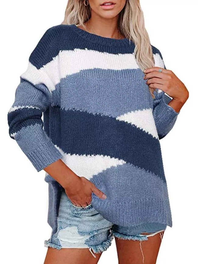 Women's Loose Knit Sweater Irregular Stripes Color Block Pullover