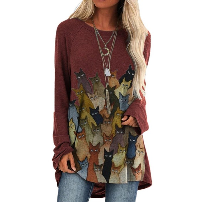 Loose Casual Lovely Cats Print Long Sleeve Autumn Cartoon Oversized Top