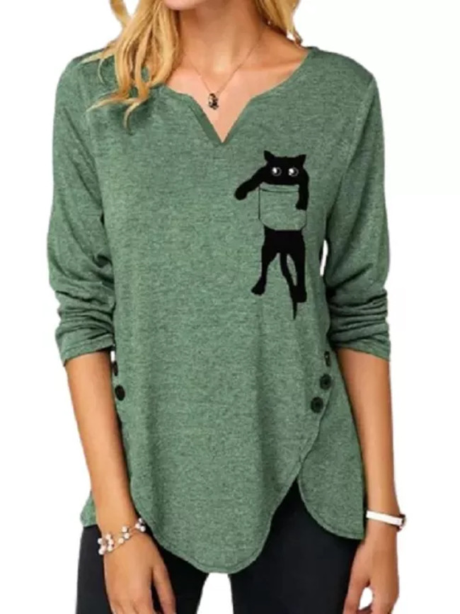 Women Lovely Pocket Cat Printing Long Sleeve V-Neck Casual Button Top
