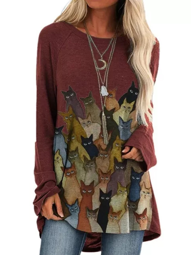 Loose Casual Lovely Cats Print Long Sleeve Autumn Cartoon Oversized Top