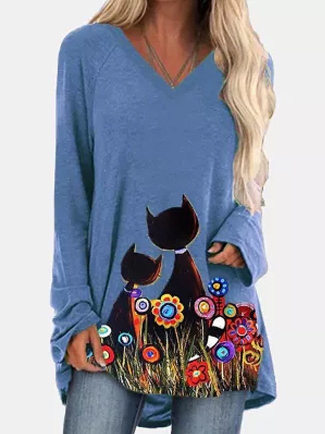 Flower Cat Printed Long Sleeve V Neck Autumn Winter Oversized Tee Shirt