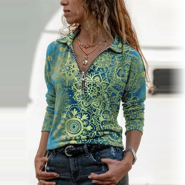 Autumn Geometric Print V Neck Casual Long Sleeves Zipper Female Tops