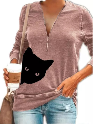 Women Cartoon Cat Print V-Neck Sexy Long Sleeved Tops