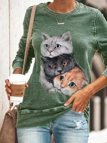Autumn Women Cartoon Kitten Printed O-Neck Long-Sleeved Fashion Top