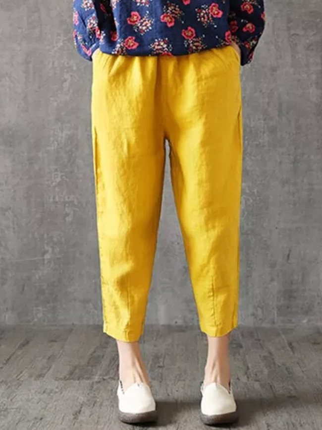 Women Autumn Casual Loose Lady Fabric Linen Cotton  Solid pants