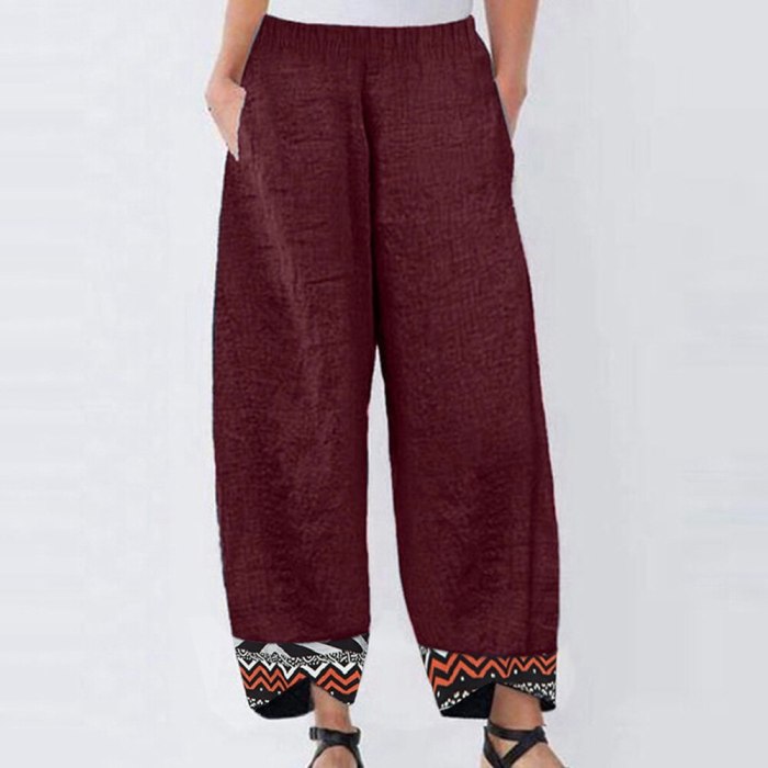 Embroidery Women Cotton Linen Vintage Summer Elastic Waist Irregular Trousers Casual  Pants
