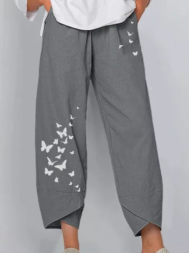 Gray European And  Casual Loose Cotton And Linen Butterfly Printed Wide-leg Pants