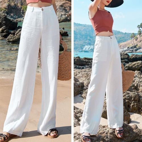 Summer Women High Waist Thin Cotton Linen Wide Leg Casual Pants