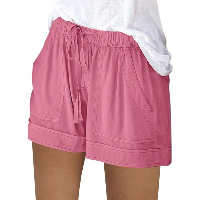 Women's Casual Elastic Waist Cotton Linen Shorts Pink Pocket Short Pants