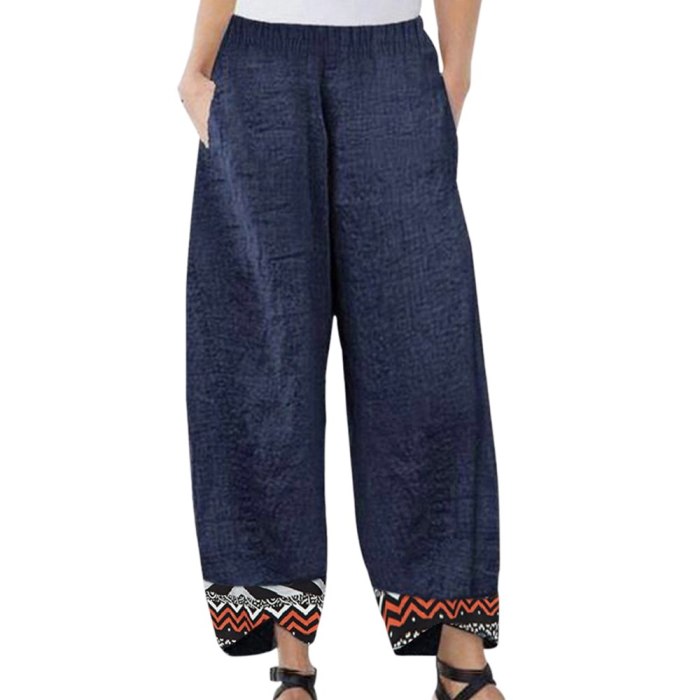 Embroidery Women Cotton Linen Vintage Summer Elastic Waist Irregular Trousers Casual  Pants