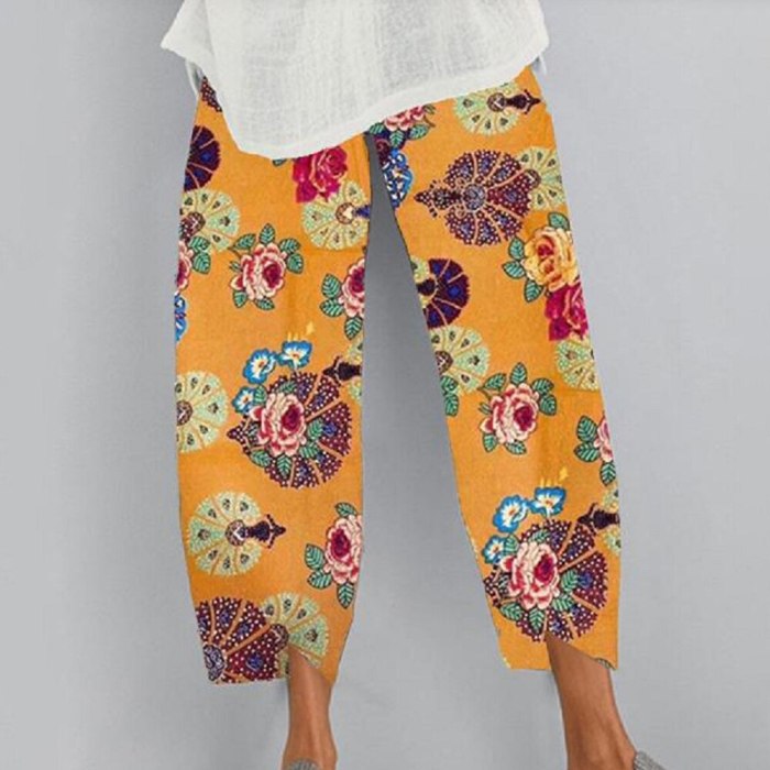 Vintage Linen Summer Casual Elastic Waist Asymmetrical Female Cropped Pants