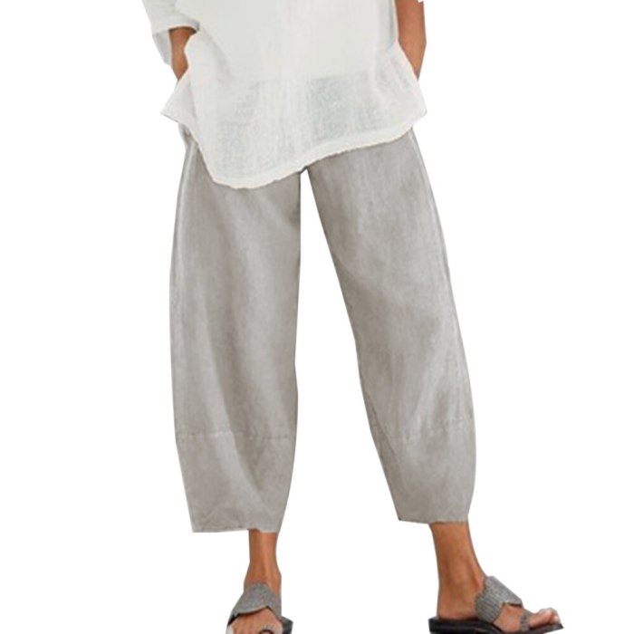Women Casual Waist Cotton Linen Wide Leg  Loose Pantalon Summer Pant