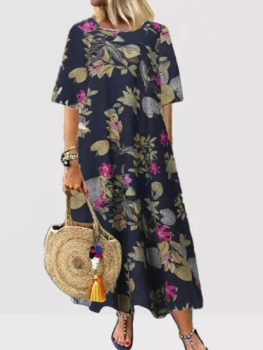 Summer Women Short Sleeve Loose Long Casual Bohemian Vintage Printed Cotton Linen Dress