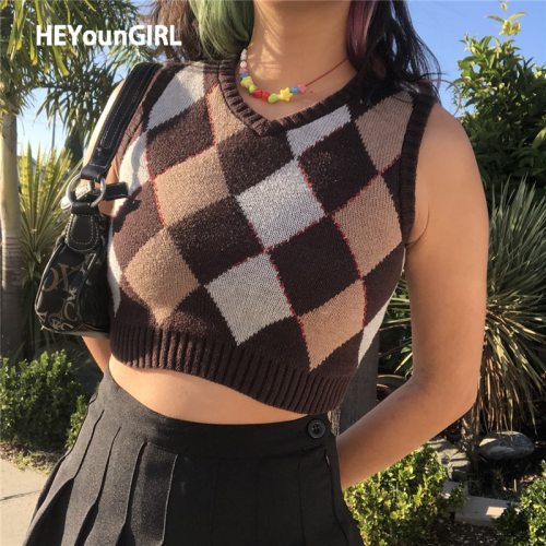 Brown Vintage Y2K Cropped Sweater Vest Autumn Sleeveless Knit Pullover 90s