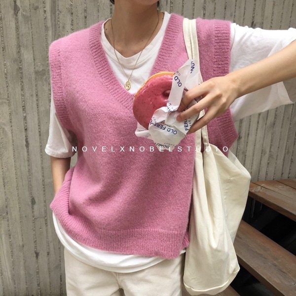 New V neck Pullover vest sweater Autumn Winter Pink Knitted Sweaters vest