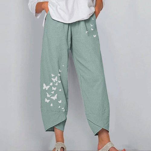 Casual Loose Cotton And Linen Butterfly Printed Wide-leg Pants
