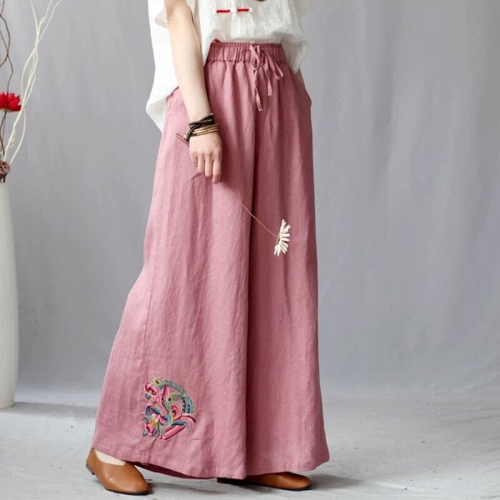 Summer Women Elastic Waist Casual Vintage Embroidery Cotton Linen Wide Leg Pants