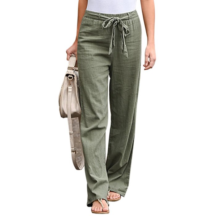 Women Cotton Solid Straight Trousers Casual Elastic Waist Long Pant