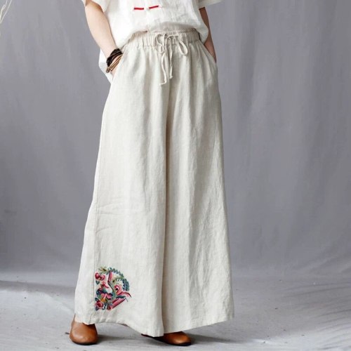 Women Elastic Waist Vintage Embroidery Cotton Linen Wide Leg Pants