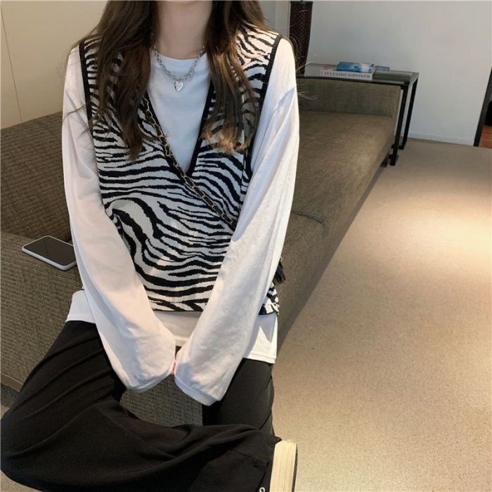 Knitted Sweater Vest Vintage Zebra Striped V Neck Sleeveless Pullover Tank Tops
