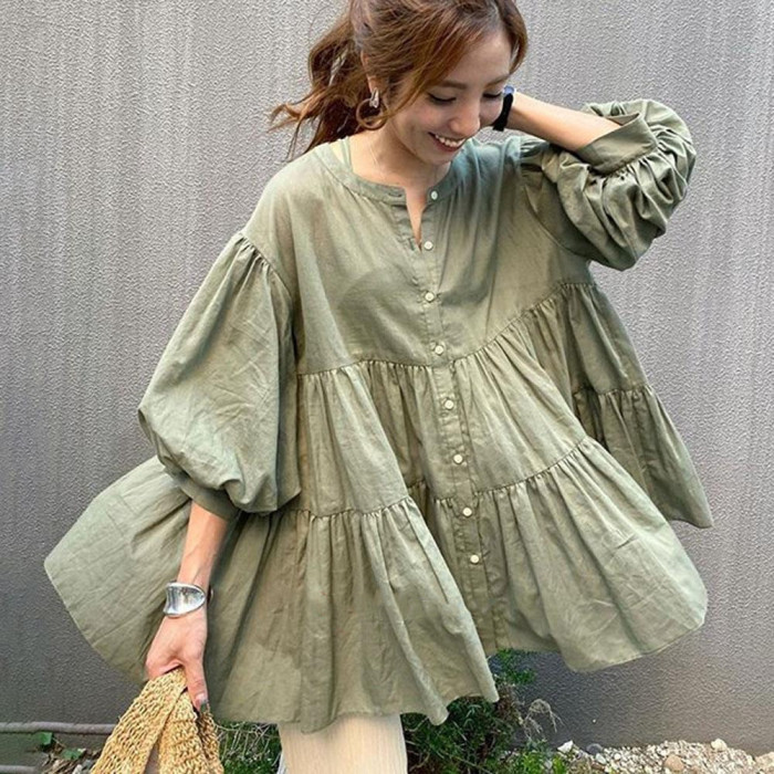 New style Loose casual cotton and linen shirt slimming short-sleeved mid-length slim shirt top