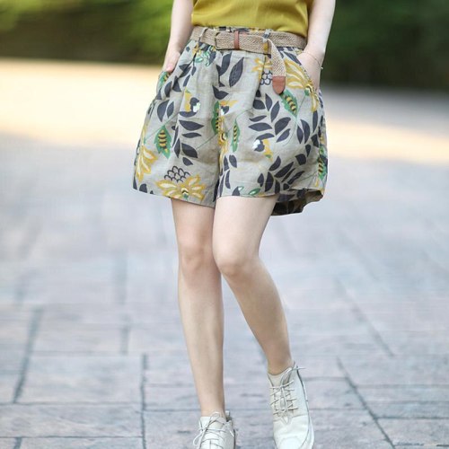 Women Print Shorts Loose Casual Cotton Linen Plus Size Summer Shorts