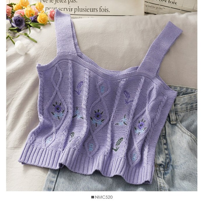 Women Knitted Ladies Floral Embroidery Knitted Short Vest