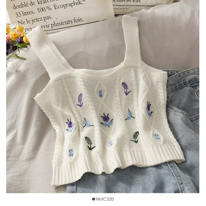 Women Knitted Ladies Floral Embroidery Knitted Short Vest