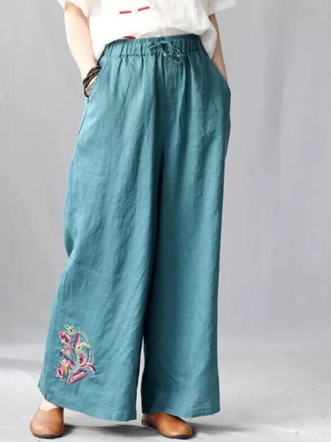 Summer Women Elastic Waist Casual Vintage Embroidery Cotton Linen Wide Leg Pants