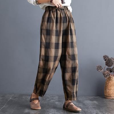 Women Vintage Loose Cotton Linen Plaid Pants