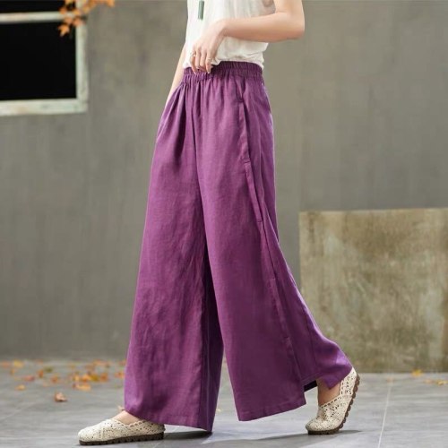 Summer Women Elastic Waist cotton linen Wide Leg Vintage Solid Loose Pants