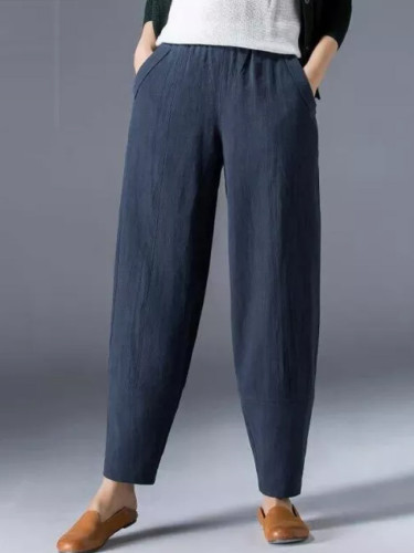 Spring Summer Women Loose Casual Harem Elastic Waist Pocket Cotton Linen Vintage Pants