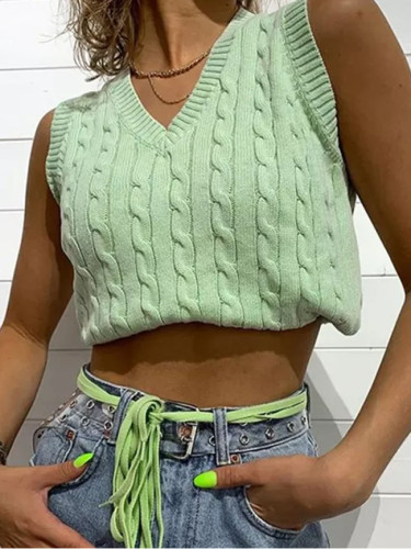 V Neck Vintage Sweater Vest Women Casual Autumn Preppy Style