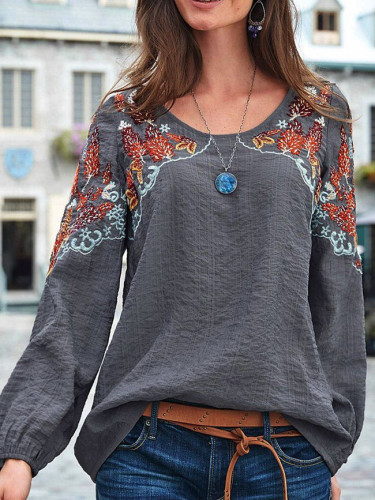 Autumn New Fashion Embroidery Print O-Neck Loose Casual Linen Shirt