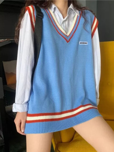 Autumn Stripe Patchwork Casual Loose V Neck Knit Sweater Vest