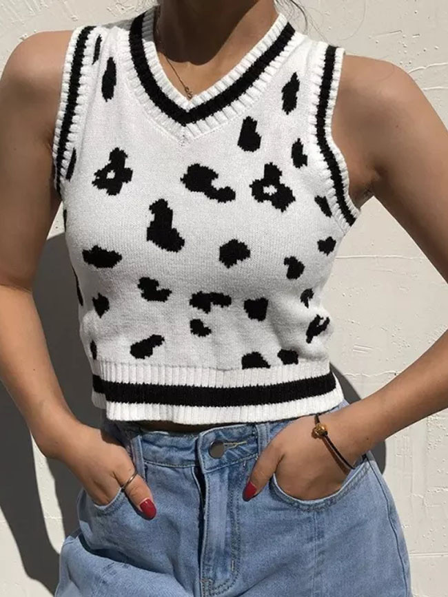Womens Classic Sweater Vest Cow Print Sleeveless V Neck Knit Top