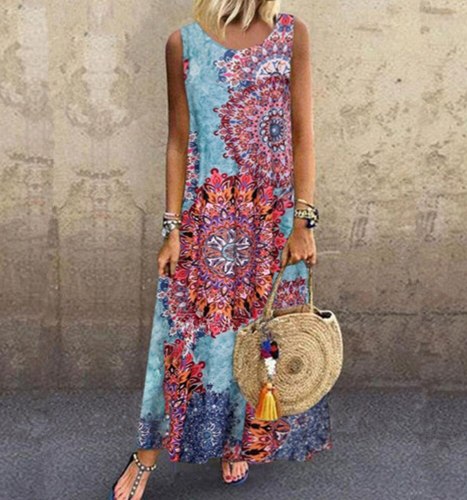 Women's National Style Digital Printing Round Neck Sleeveless Summer Maxi Dresses