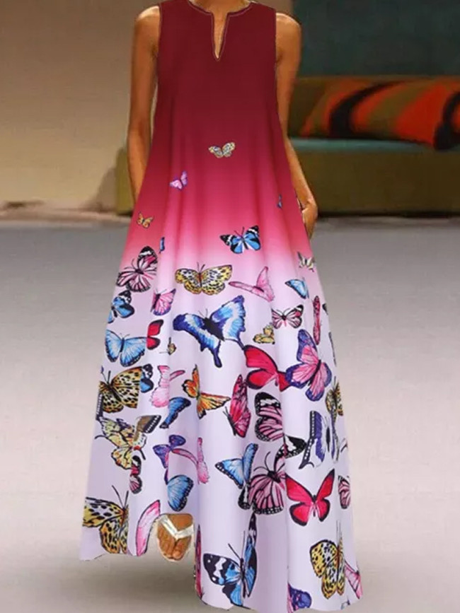 Women Butterfly Print Sleeveless Vintage Boho V Neck Maxi Dress Summer